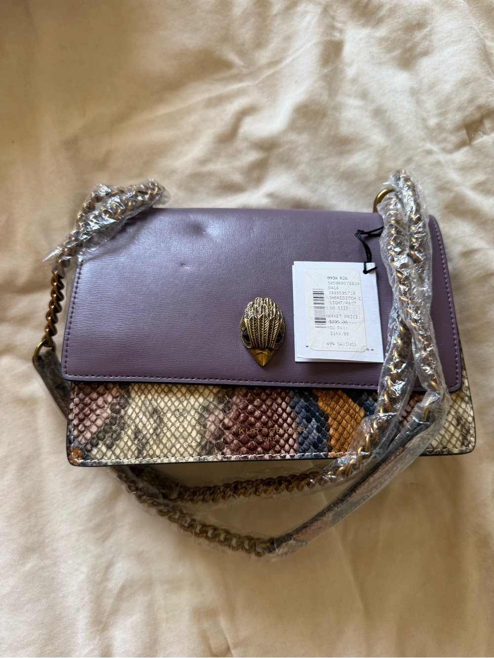 Purple Leather & Snakeskin Accent Shoulder Bag with Gold Hardware